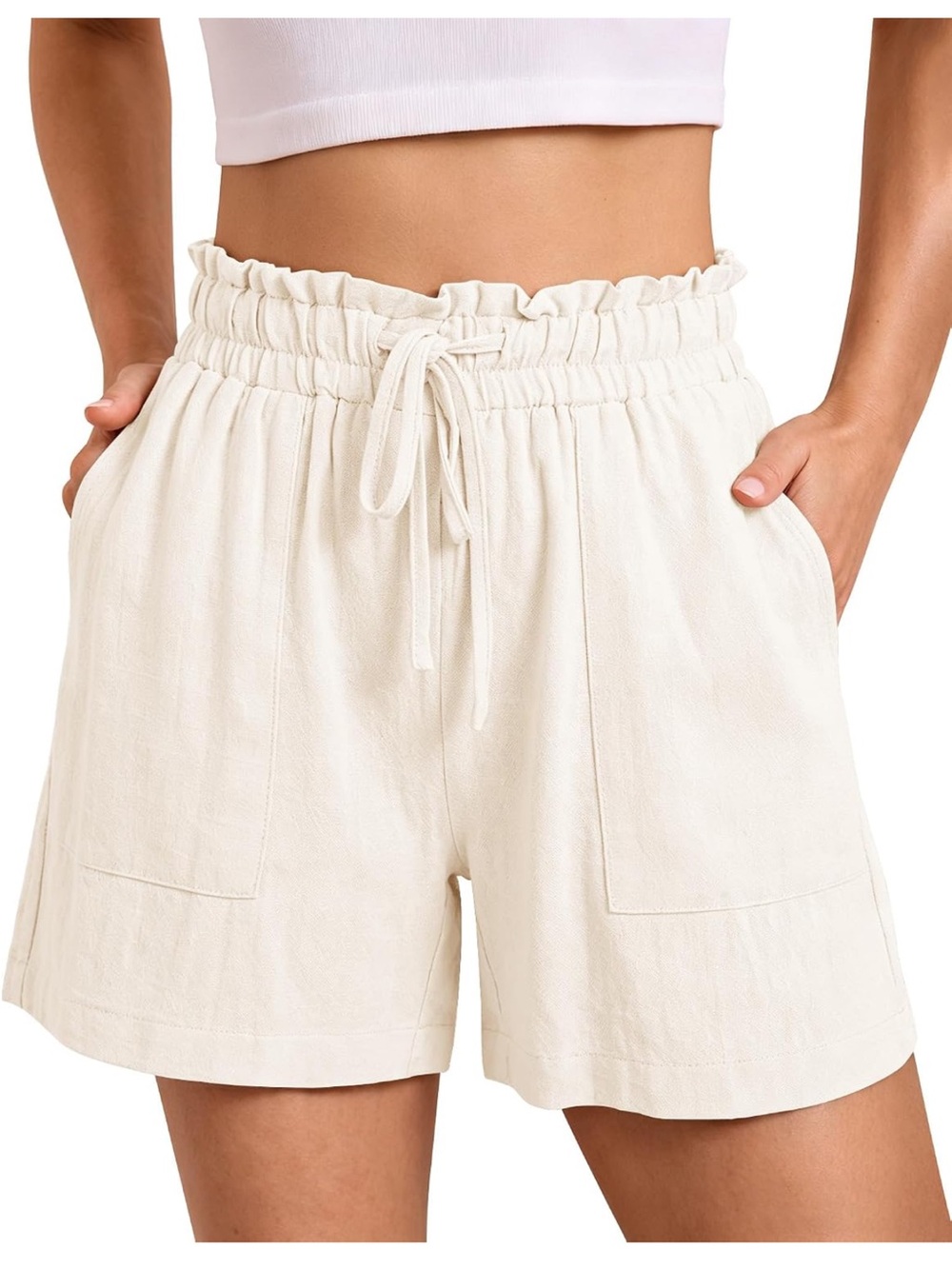 High-Waist Paperbag Drawstring Shorts in Cream